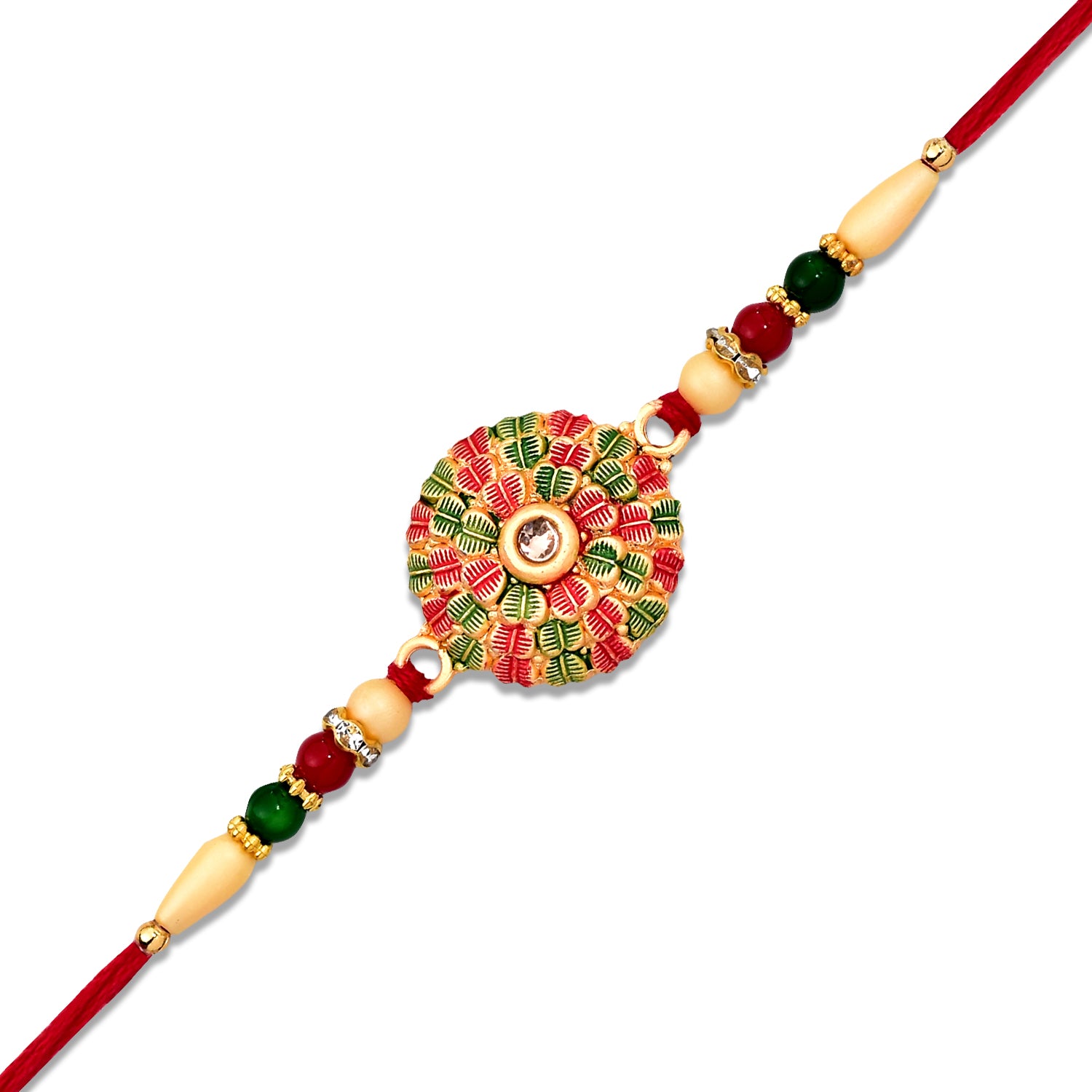 Traditional Kundan Rakhi With Golden Floral Base And Rudraksha Beads Traditional Kundan Rakhi With Golden Floral Base And Rudraksha Beads